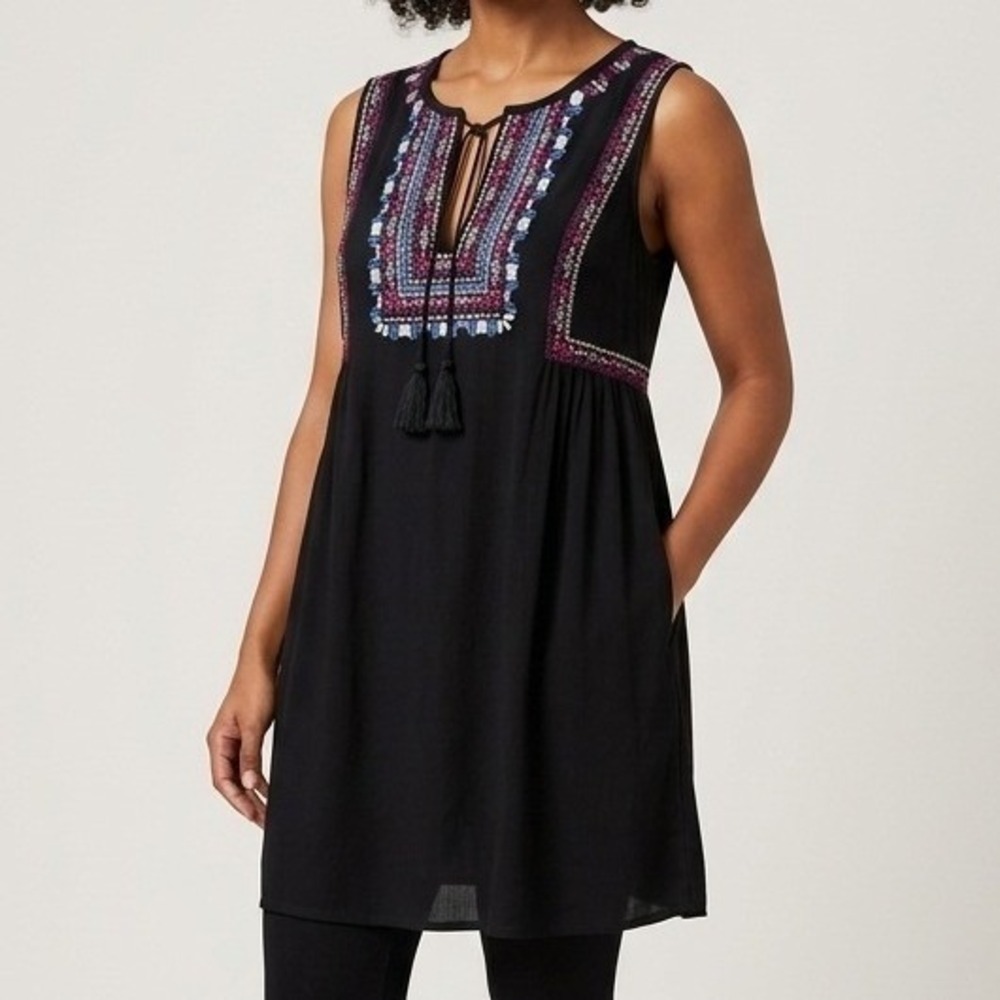 Blue Rain Black Embroidered Tassel Boho Mini Dress Womens Medium Festival Flowy